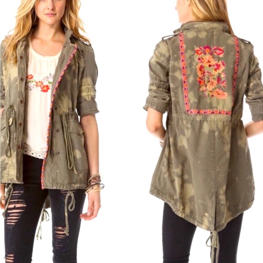 Free People Khaki Green Military Jacket Oversized Embroidered Hooded - size 6
